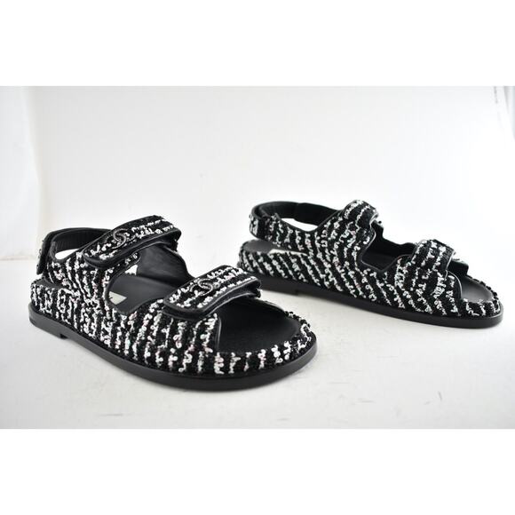 Chanel 22C Black White Tweed CC Logo Mule Slide Strap Flat Dad Teva Sandal 41 - Picture 5 of 11